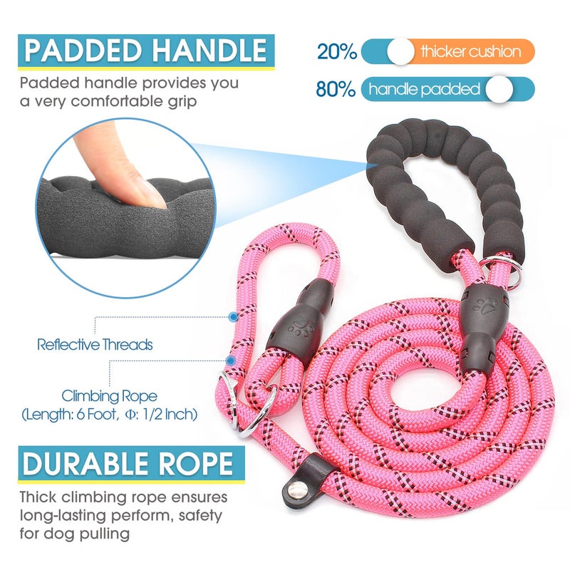 BAAPET 6 Feet Slip Lead Dog Leash Anti-Choking with Upgraded Durable Rope Cover and Comfortable Padded Handle for Large, Medium, Small Dogs Trainning with Poop Bags and Dispenser (Pink) - Image 2
